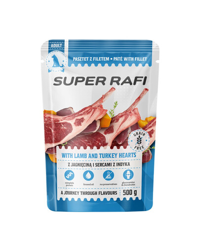 SUPER RAFI Nassfutter Pastete mit Lamm und Putenherzen für adulte Hunde aller Rassen getreidefrei 500 g