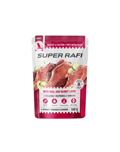 SUPER RAFI Nassfutter Pastete mit Kalbfleisch und Kaninchenleber für adulte Hunde aller Rassen getreidefrei 500 g