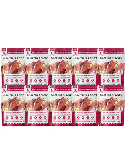 SUPER RAFI Nassfutter Pastete mit Kalbfleisch und Kaninchenleber für adulte Hunde aller Rassen getreidefrei 10x500 g