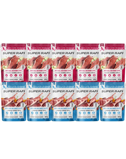 SUPER RAFI Nassfutter Pastete mit Lamm, Putenherzen, Kalb und Kaninchenleber für adulte Hunde aller Rassen getreidefrei 10x500 g