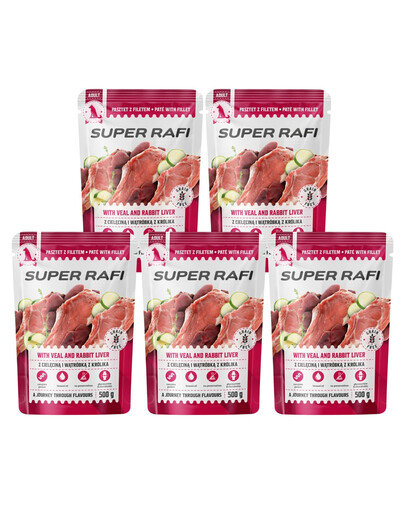 SUPER RAFI Nassfutter Pastete mit Kalbfleisch und Kaninchenleber für adulte Hunde aller Rassen getreidefrei 5x500 g