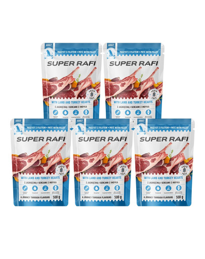 SUPER RAFI Nassfutter Pastete mit Lamm und Putenherzen für adulte Hunde aller Rassen getreidefrei 5x500 g