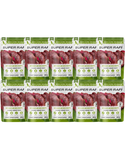 SUPER RAFI Nassfutter Pastete mit Wild und Entenherzen für adulte Hunde aller Rassen getreidefrei 10x500 g