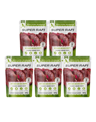 SUPER RAFI Nassfutter Pastete mit Wild und Entenherzen für adulte Hunde aller Rassen getreidefrei 5x500 g