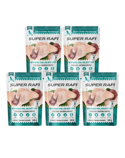 SUPER RAFI Nassfutter Pastete mit Perlhuhn und Rinderleber für adulte Hunde aller Rassen getreidefrei 5x500 g