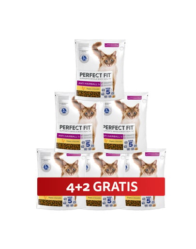 PERFECT FIT Antihairball 1+ 6 x 750 g sucha karma pełnoporcjowa dla dorosłych kotów bogata w kurczaka 4+2 GRATIS