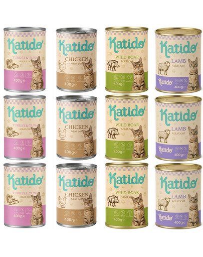 KATIDO Adult Nassfutter Mix Geschmacks mit Wildschwein, Huhn, Lamm Thunfisch für adulte Katzen 12 x 400g