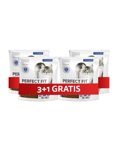PERFECT FIT Indoor 1+ 4 x 750 g sucha karma pełnoporcjowa dla dorosłych kotów bogata w kurczaka 3+1 GRATIS