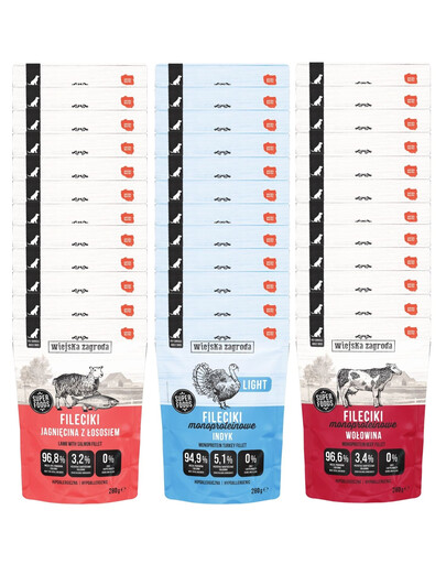 WIEJSKA ZAGRODA Nassfutter Monoprotein Filets Mix Geschmacks mit Rind, Lamm, Lachs und Truthahn für adulte Hunde getreidefrei 36x280 g